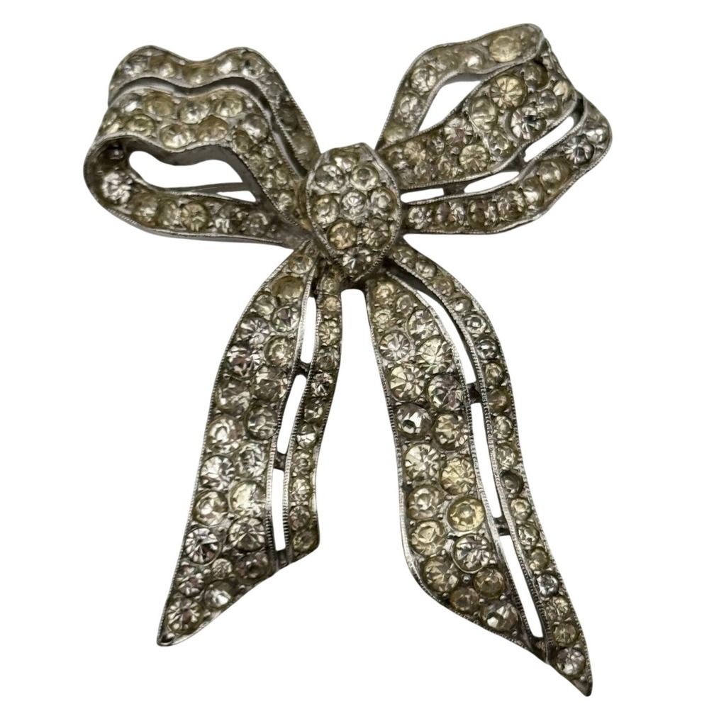 Vintage Trifari Bow Brooch Signed Clear Rhinestone Pin